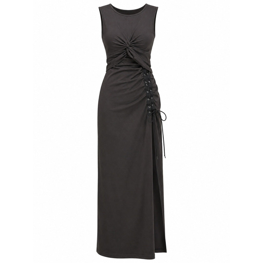 Black Twist Front Lace Up Side Cutout Slit Sleeveless Bodycon Maxi Dress
