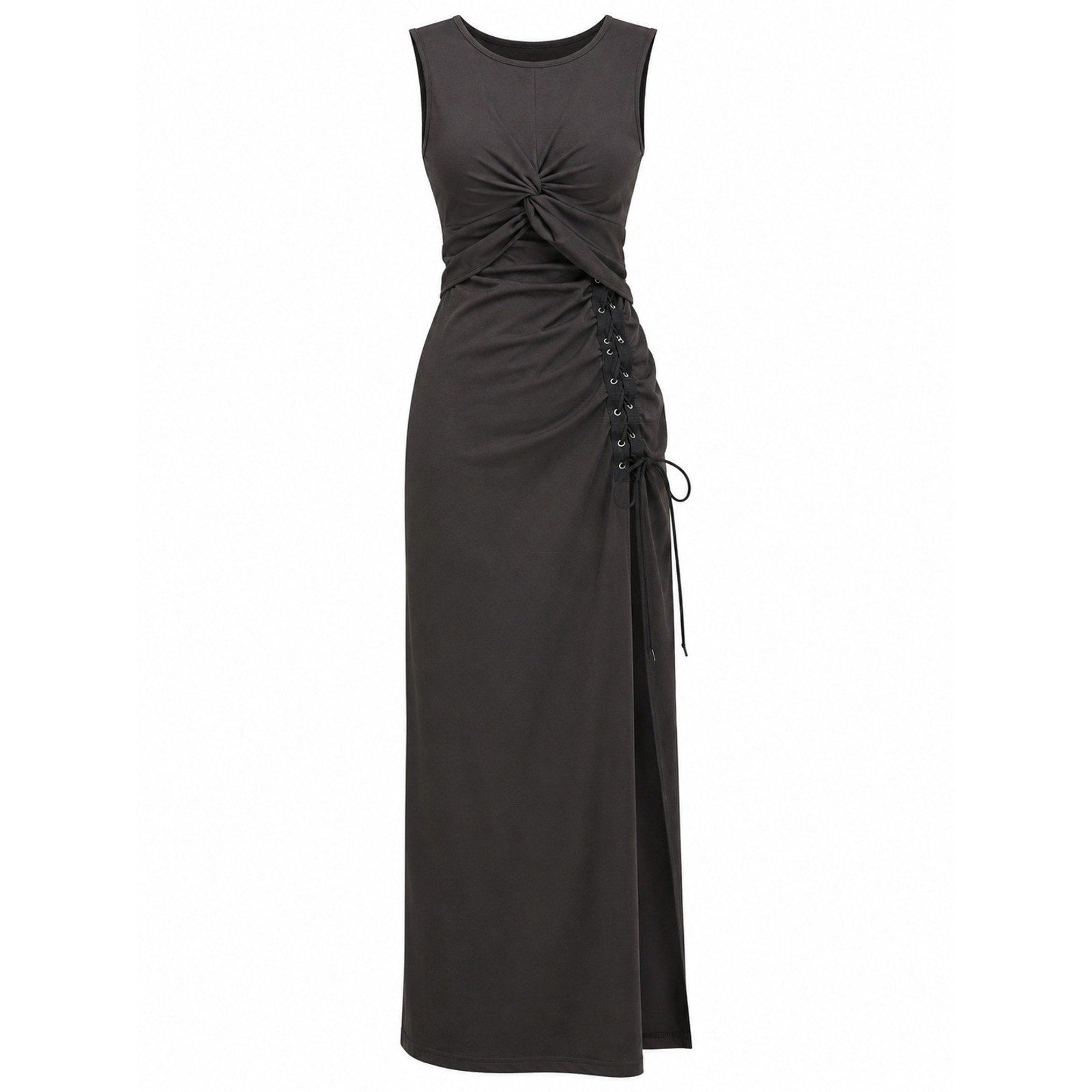 Black Twist Front Lace Up Side Cutout Slit Sleeveless Bodycon Maxi Dress