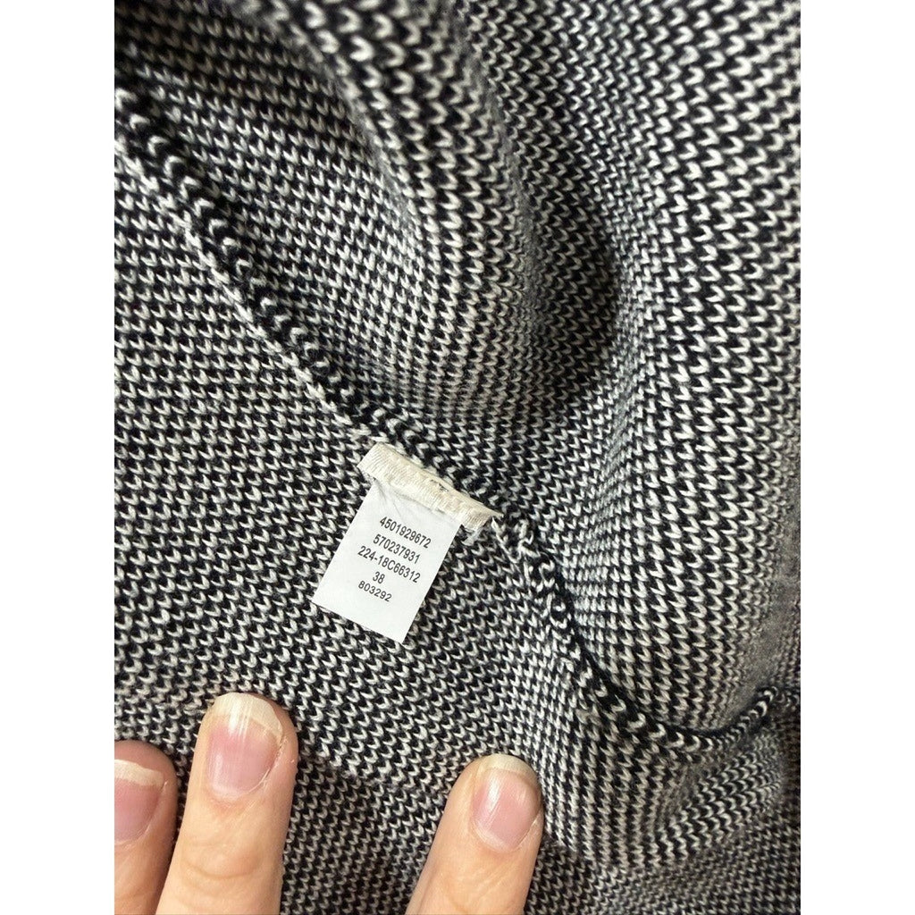 Chicos Grey Black Birds Eye Knit Open Front Cardigan Faux Leather Trim Size 2 L