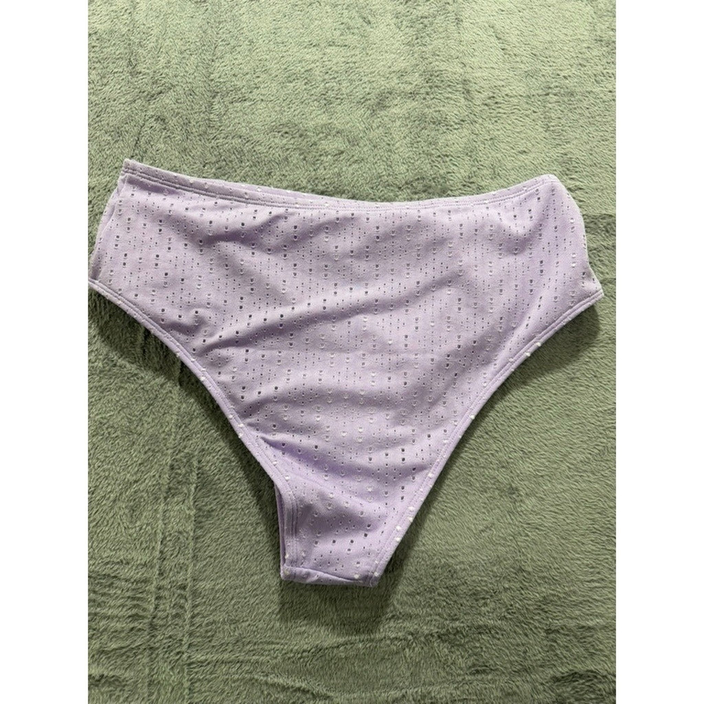 Lavender Eyelet Knot Front High Waisted Bikini Set Purple 1XL Plus Size Swimwear