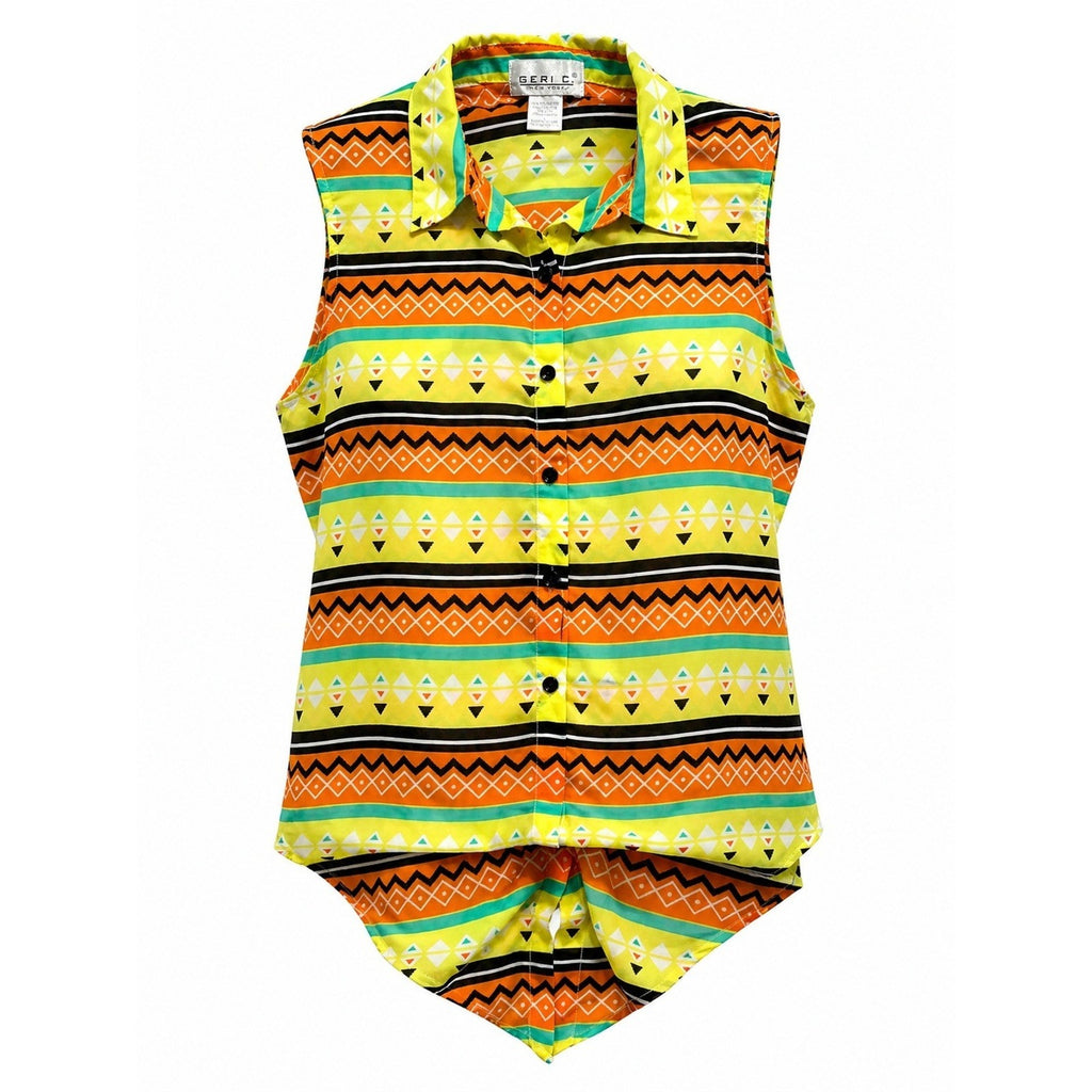Geri C. New York Womens Sleeveless Geometric Tribal Stripe Button Down Top Large