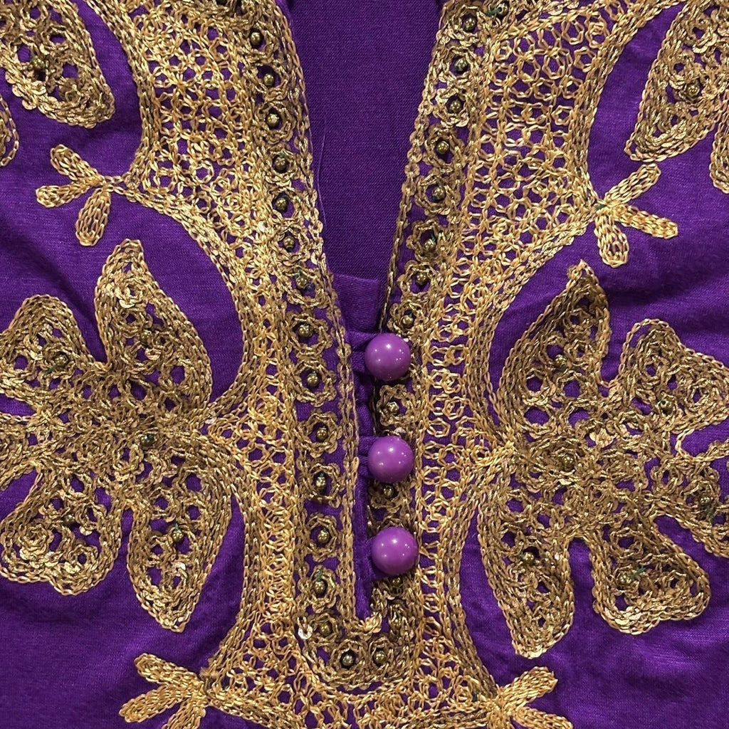 Womens L Purple Embroidered Gold Sequin Tunic Top Boho Festival Casual