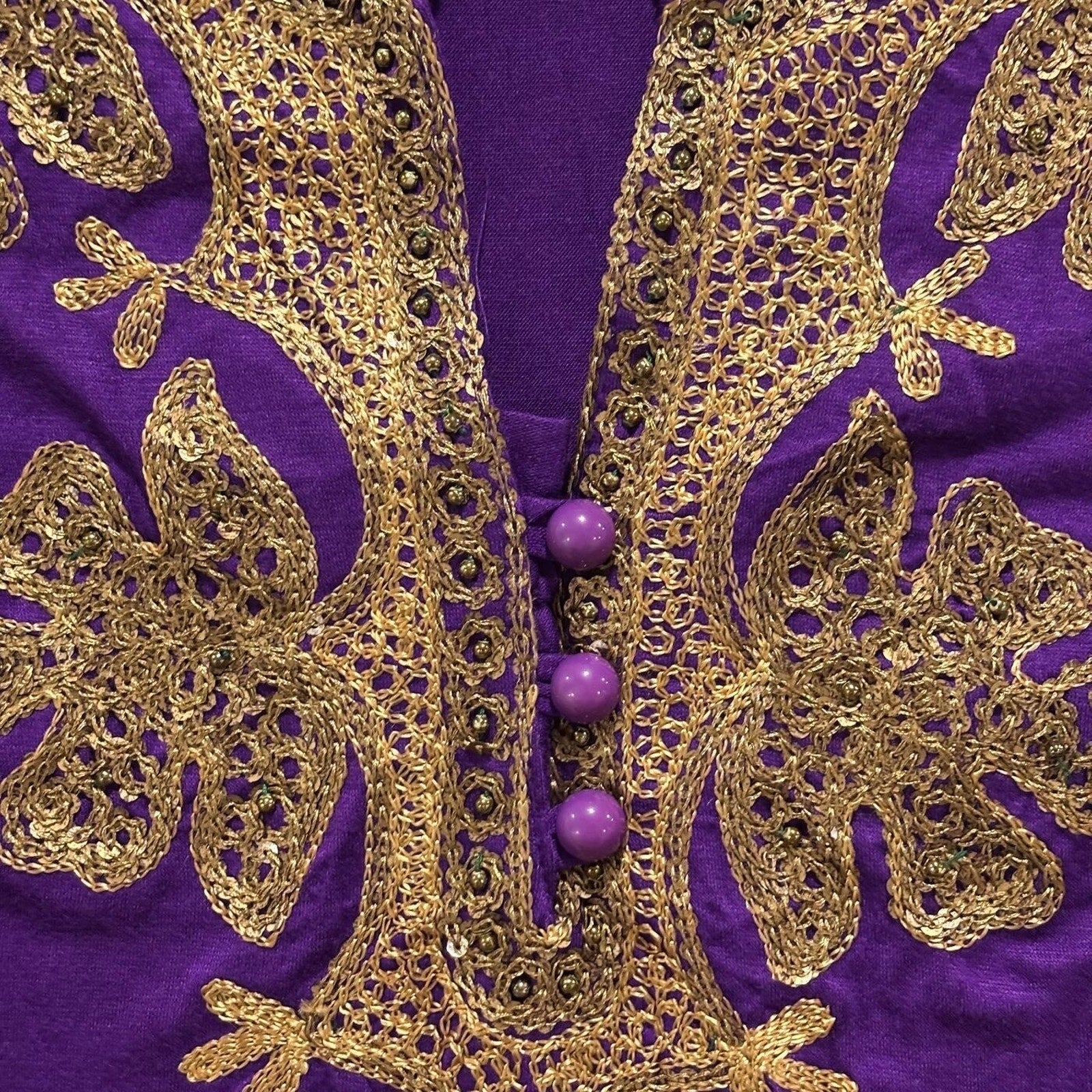 Womens L Purple Embroidered Gold Sequin Tunic Top Boho Festival Casual