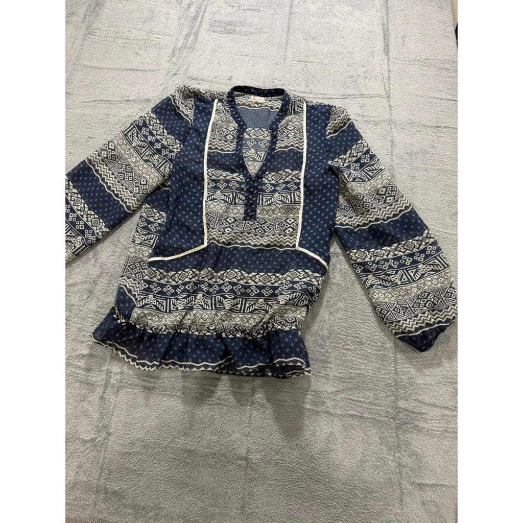 Olsenboye Boho Peplum Blouse Womens Large Blue Tribal Print Sheer Ruffle Top