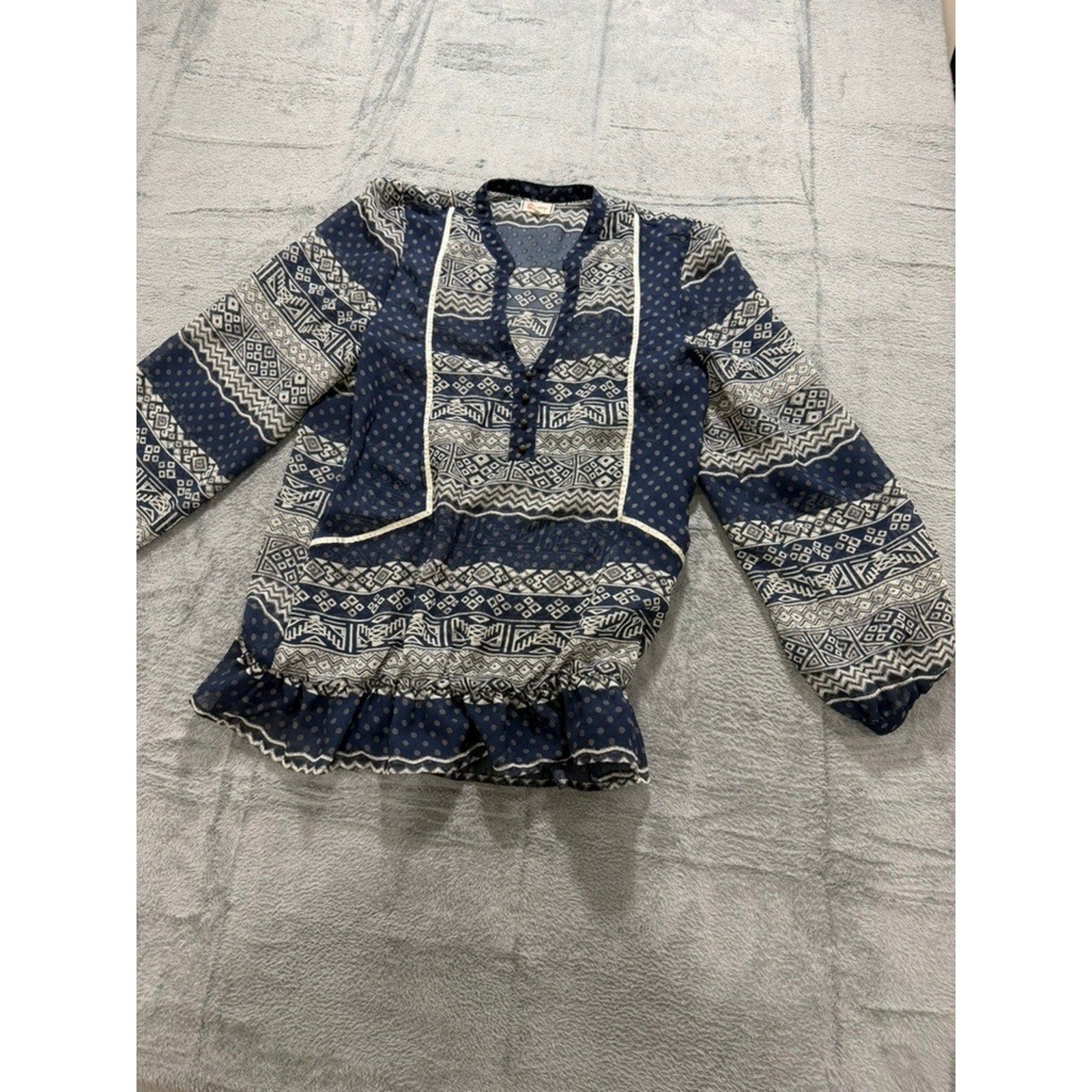 Olsenboye Boho Peplum Blouse Womens Large Blue Tribal Print Sheer Ruffle Top