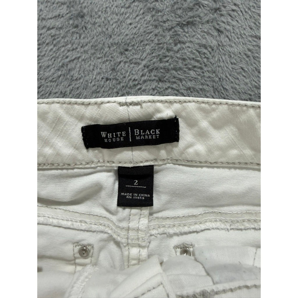 White House Black Market Denim Mini Skirt Women Size 2 White Floral Stretch