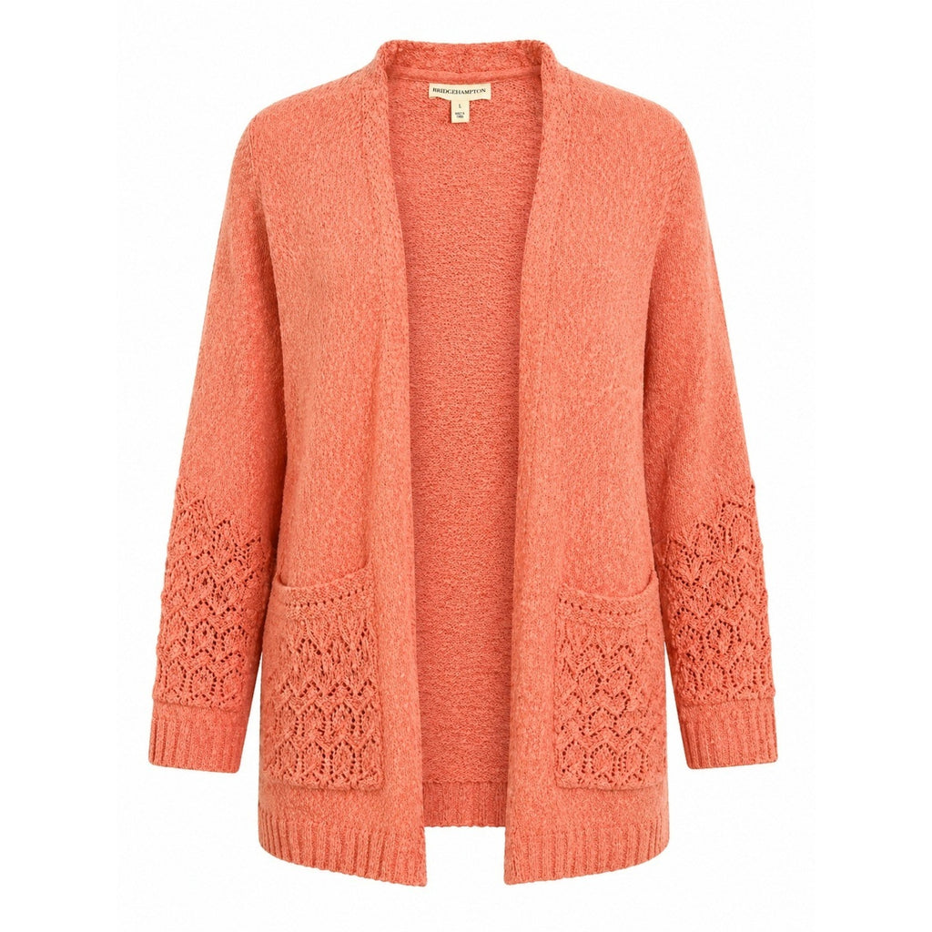 Bridgehampton Isaac Mizrahi Live Women Coral Pink Crochet Pointelle Cardigan L