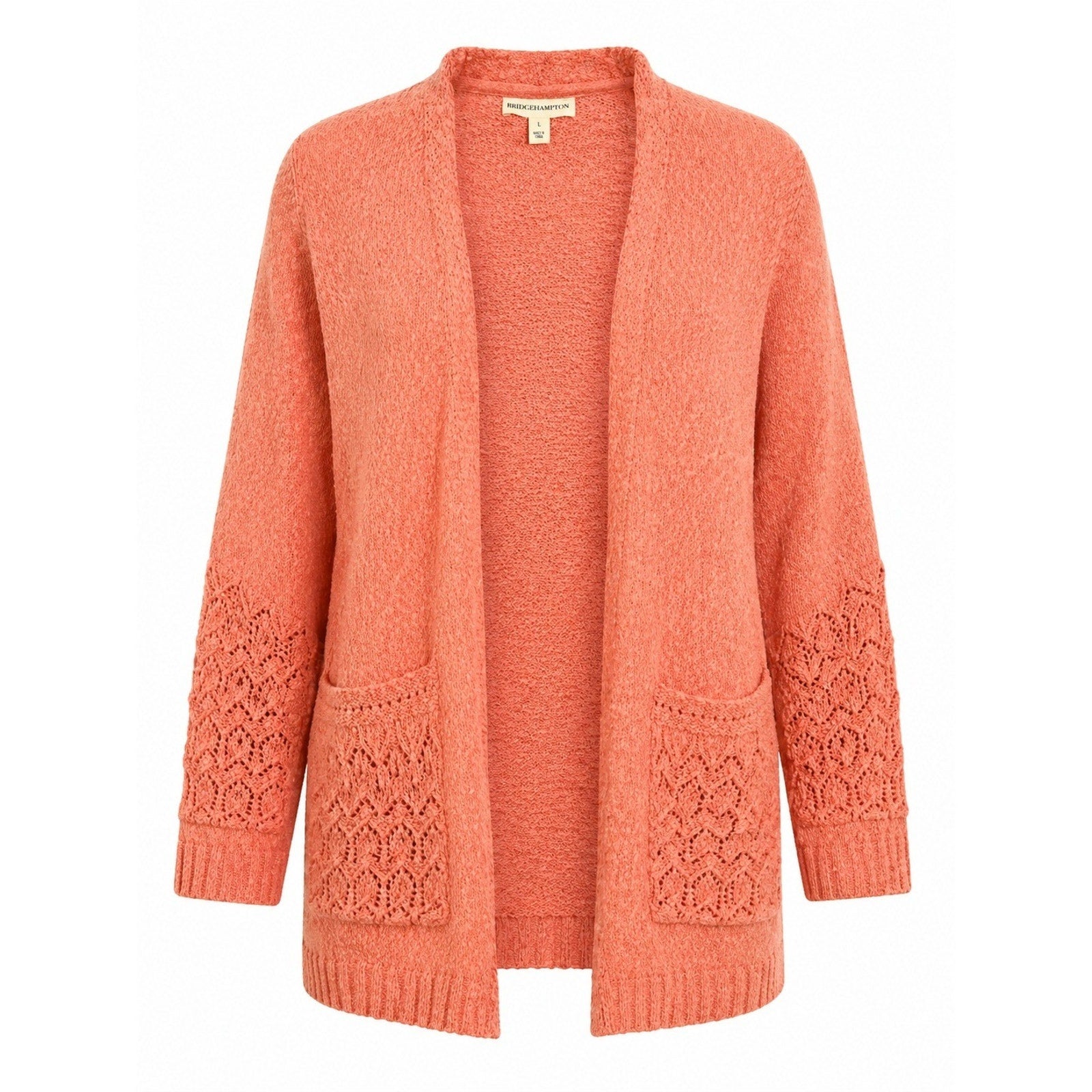 Bridgehampton Isaac Mizrahi Live Women Coral Pink Crochet Pointelle Cardigan L