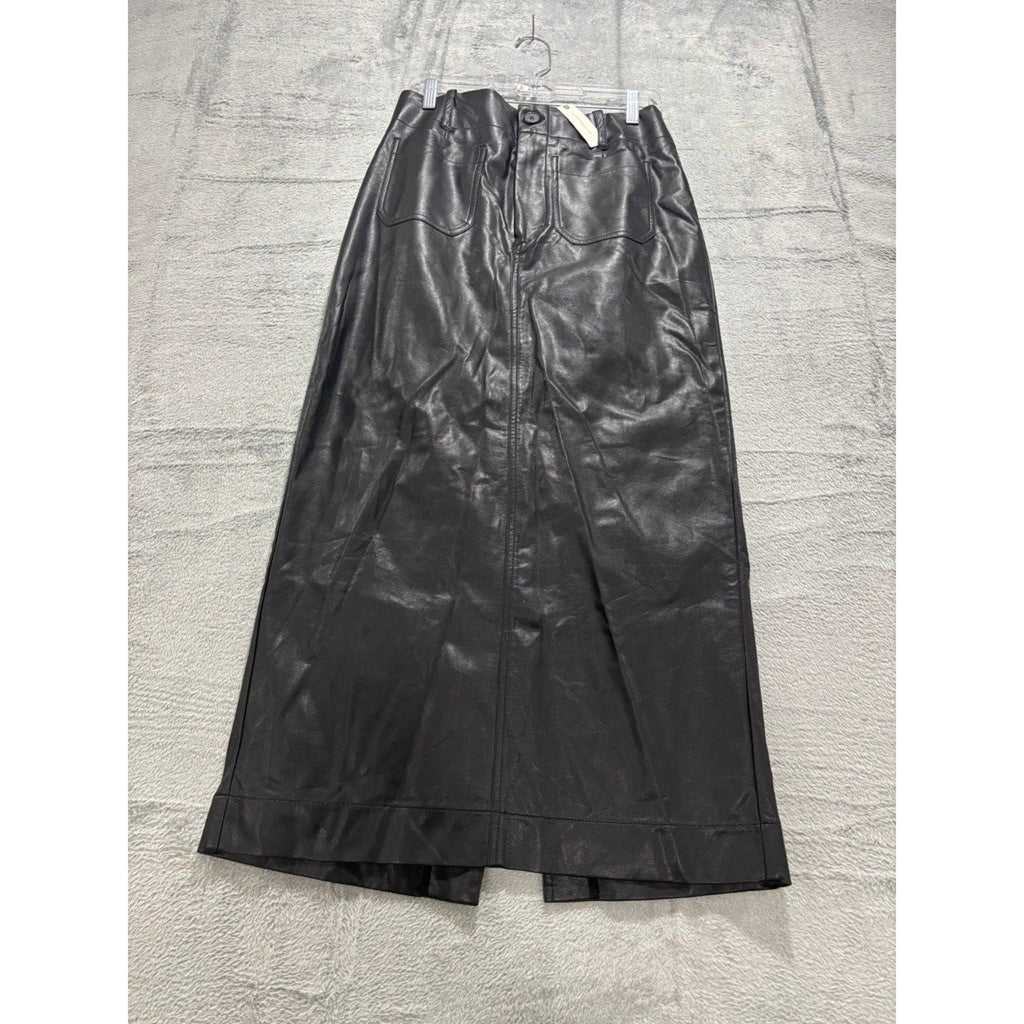 Maeve Anthropologie Black Faux Leather Maxi Skirt High Waisted Patch Pocket M