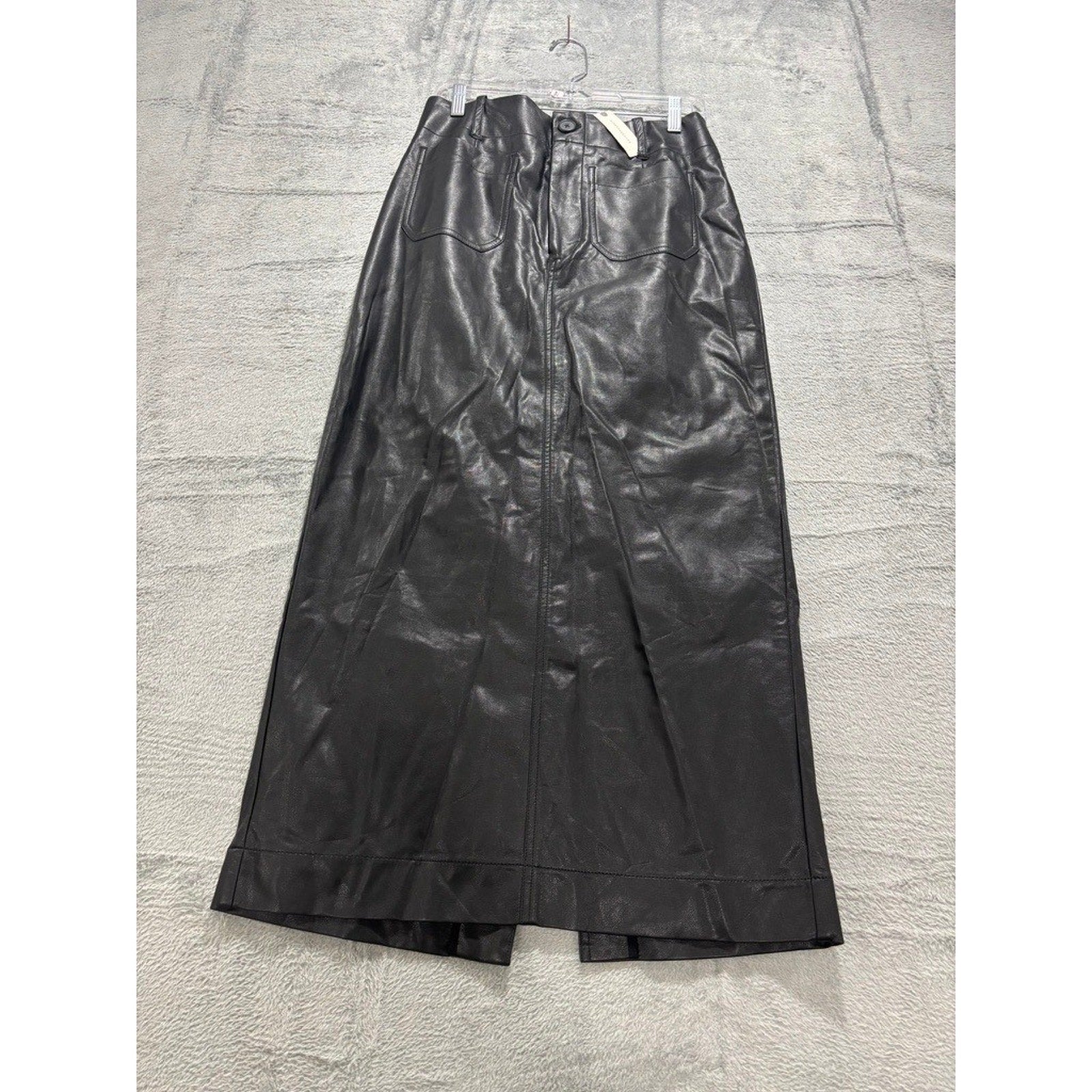 Maeve Anthropologie Black Faux Leather Maxi Skirt High Waisted Patch Pocket M