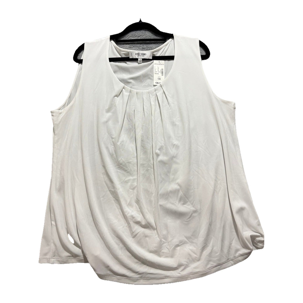 Jones Studio 1X White Tank Top Womens Sleeveless Pleated Neck Minimalist NWT
