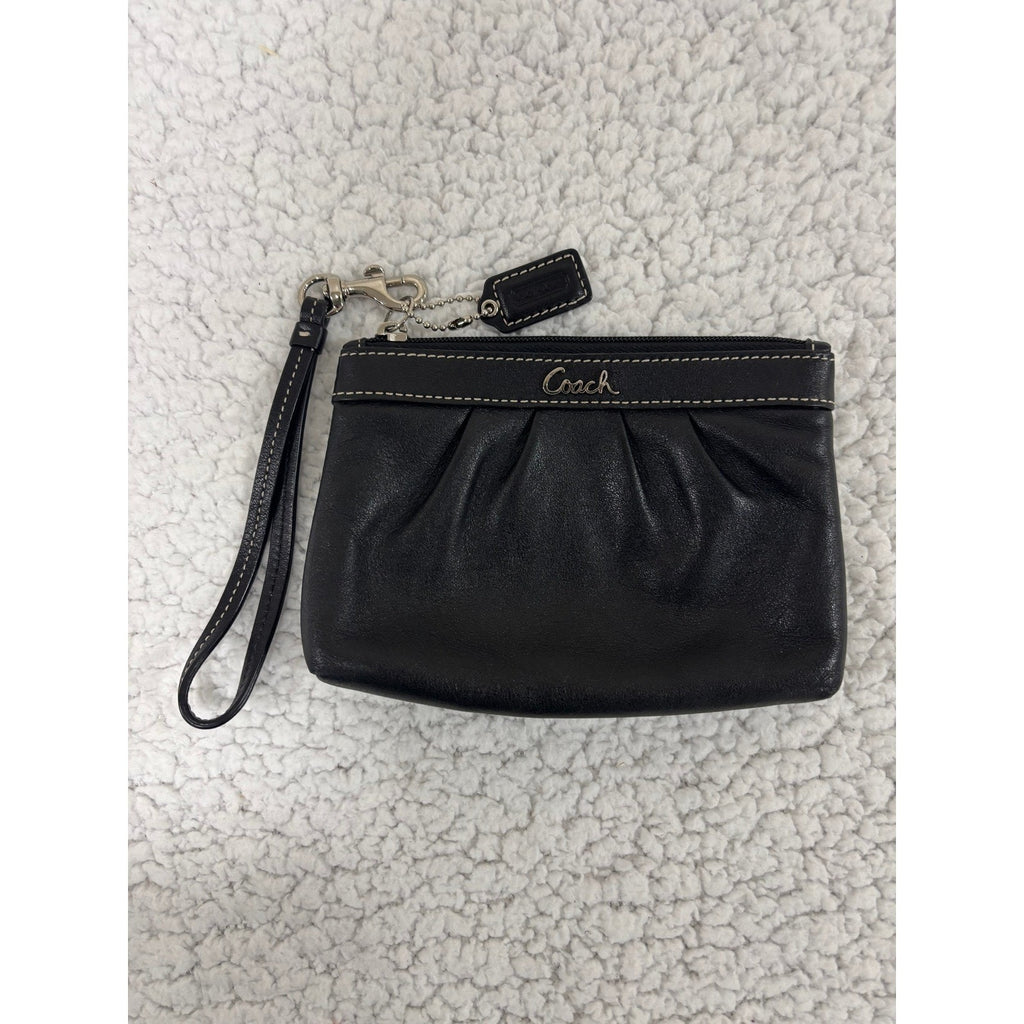 Coach Black Leather Wristlet Pouch Clutch Zip Wallet Wrist Strap Gold Hardware