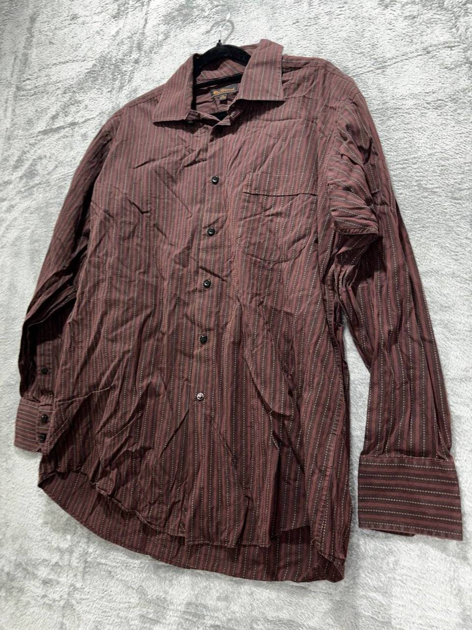Ben Sherman Mens 16 32-33 Burgundy Striped Long Sleeve Button Up Dress Shirt