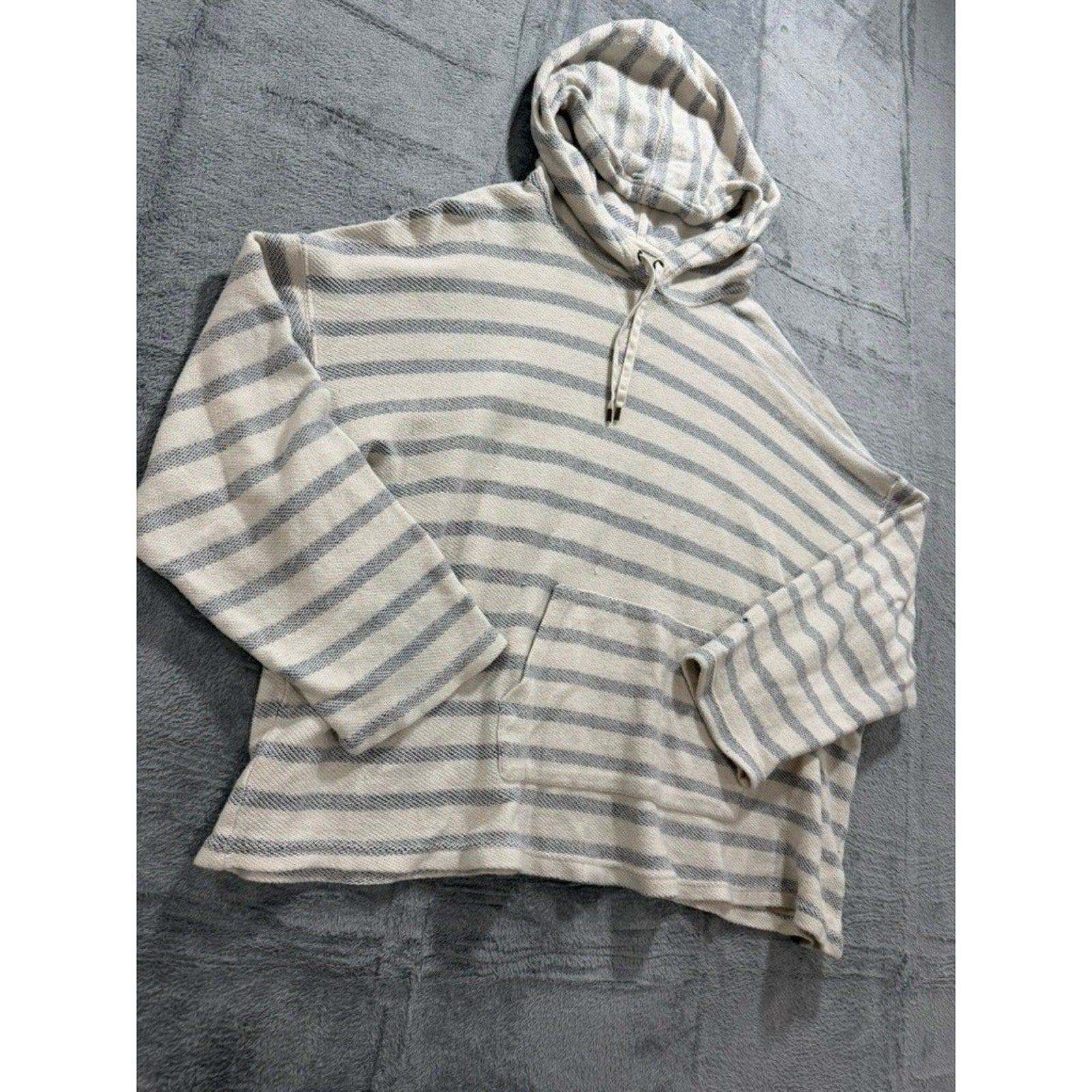 Oversized Striped Knit Hoodie Cream Grey Nautical Kangaroo Pocket Pullover Coast