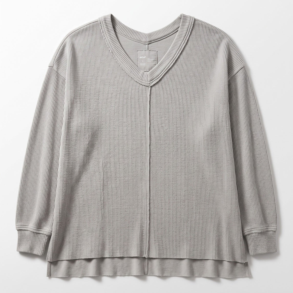 Aerie L Gray V-Neck Waffle Knit Sweatshirt Womens Casual Cozy Pullover