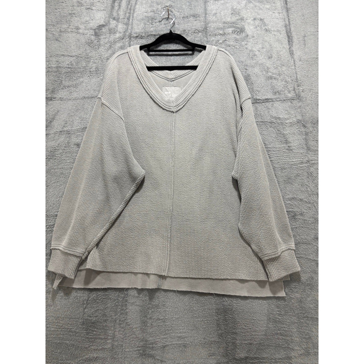 Aerie L Gray V-Neck Waffle Knit Sweatshirt Womens Casual Cozy Pullover