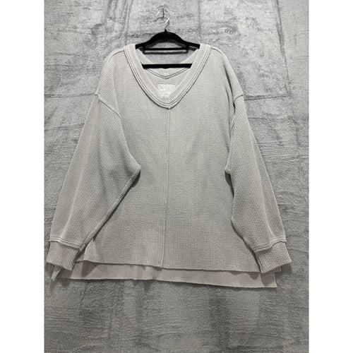 Aerie L Gray V-Neck Waffle Knit Sweatshirt Womens Casual Cozy Pullover