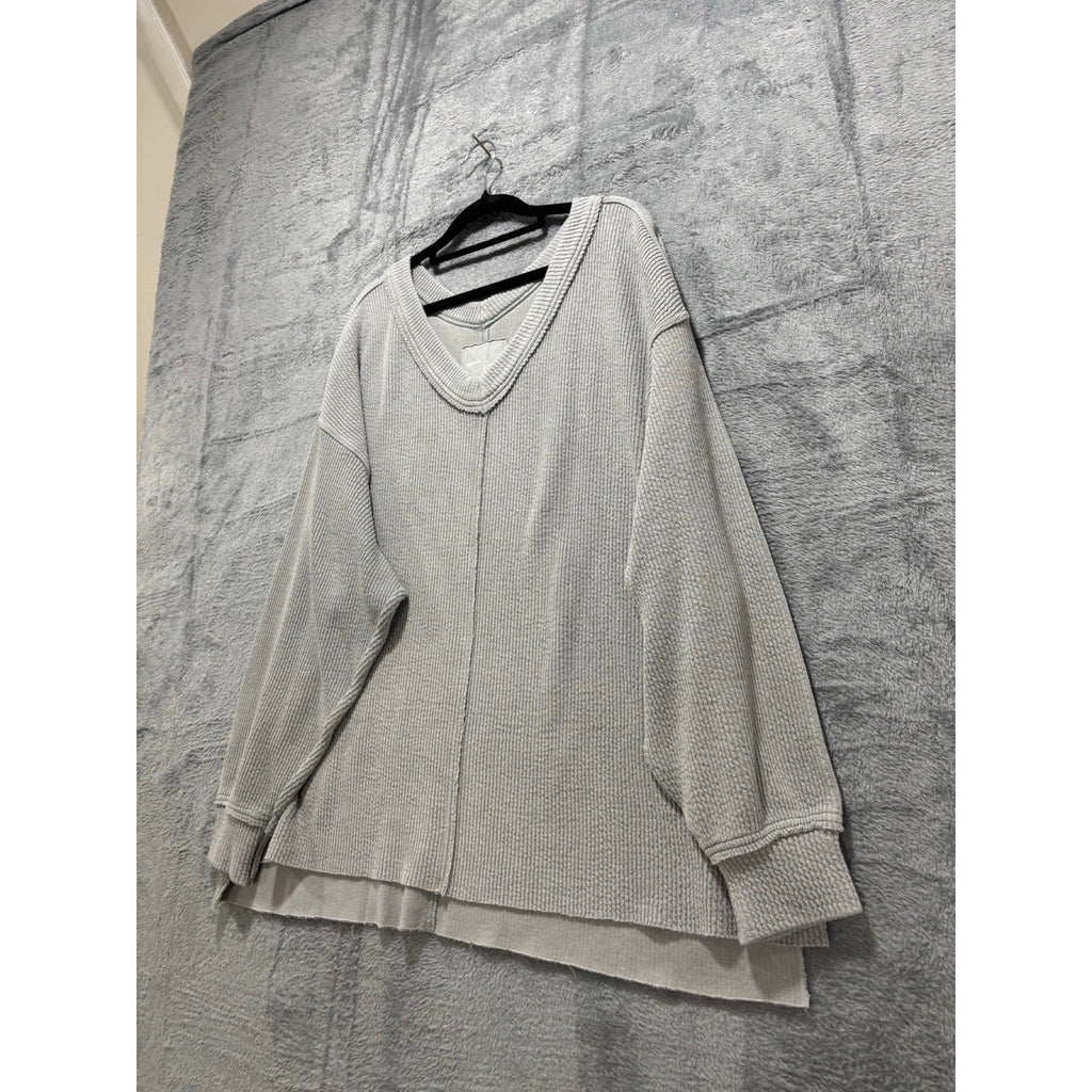 Aerie L Gray V-Neck Waffle Knit Sweatshirt Womens Casual Cozy Pullover