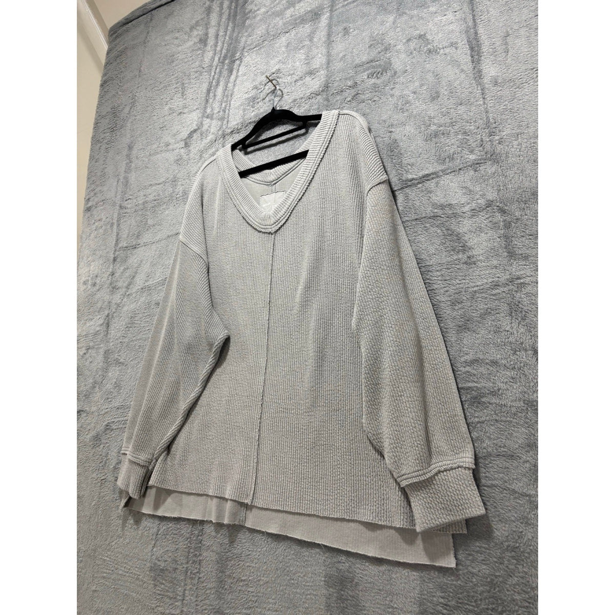 Aerie L Gray V-Neck Waffle Knit Sweatshirt Womens Casual Cozy Pullover