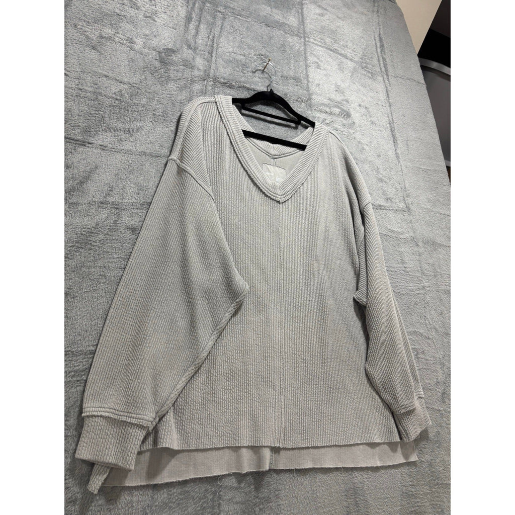 Aerie L Gray V-Neck Waffle Knit Sweatshirt Womens Casual Cozy Pullover