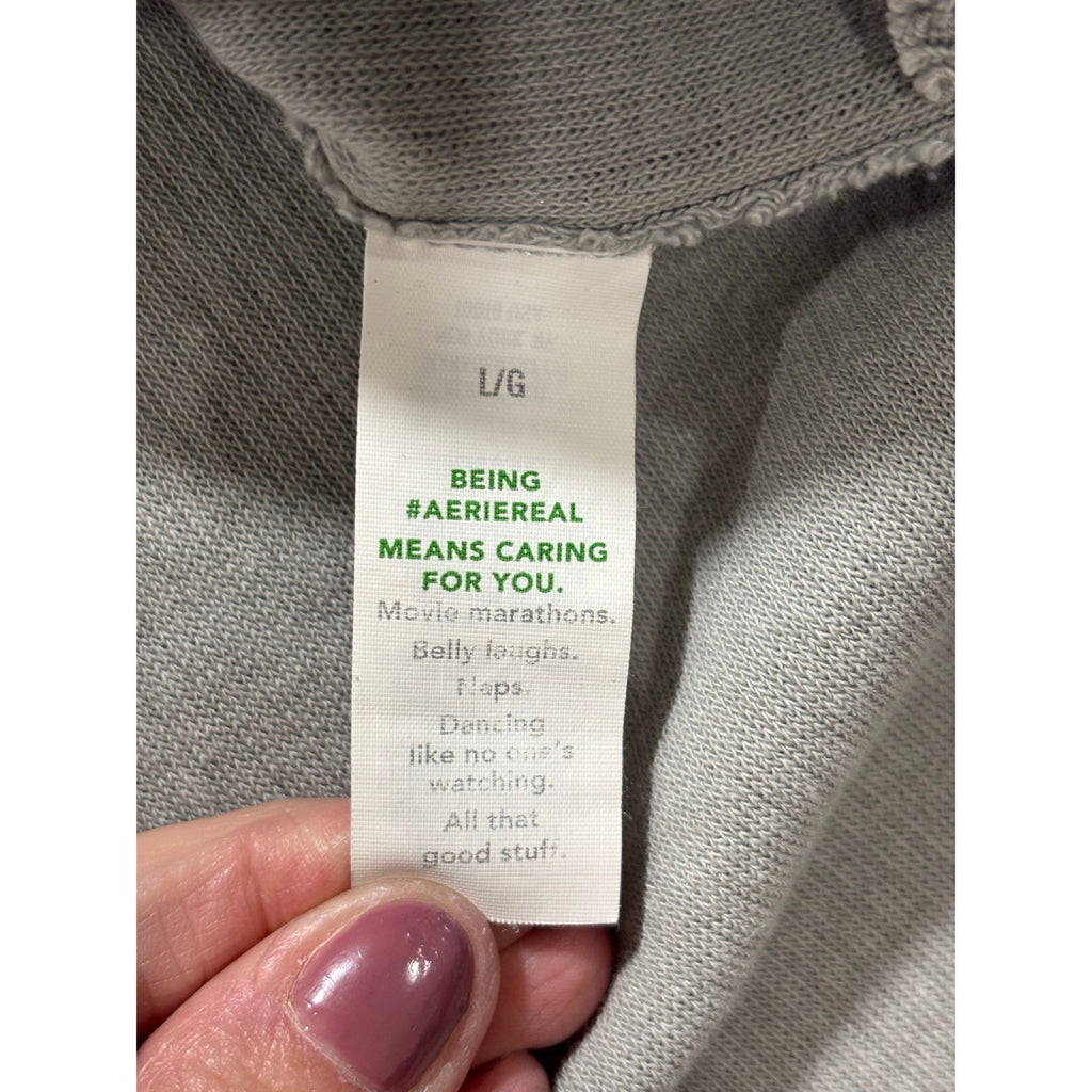 Aerie L Gray V-Neck Waffle Knit Sweatshirt Womens Casual Cozy Pullover