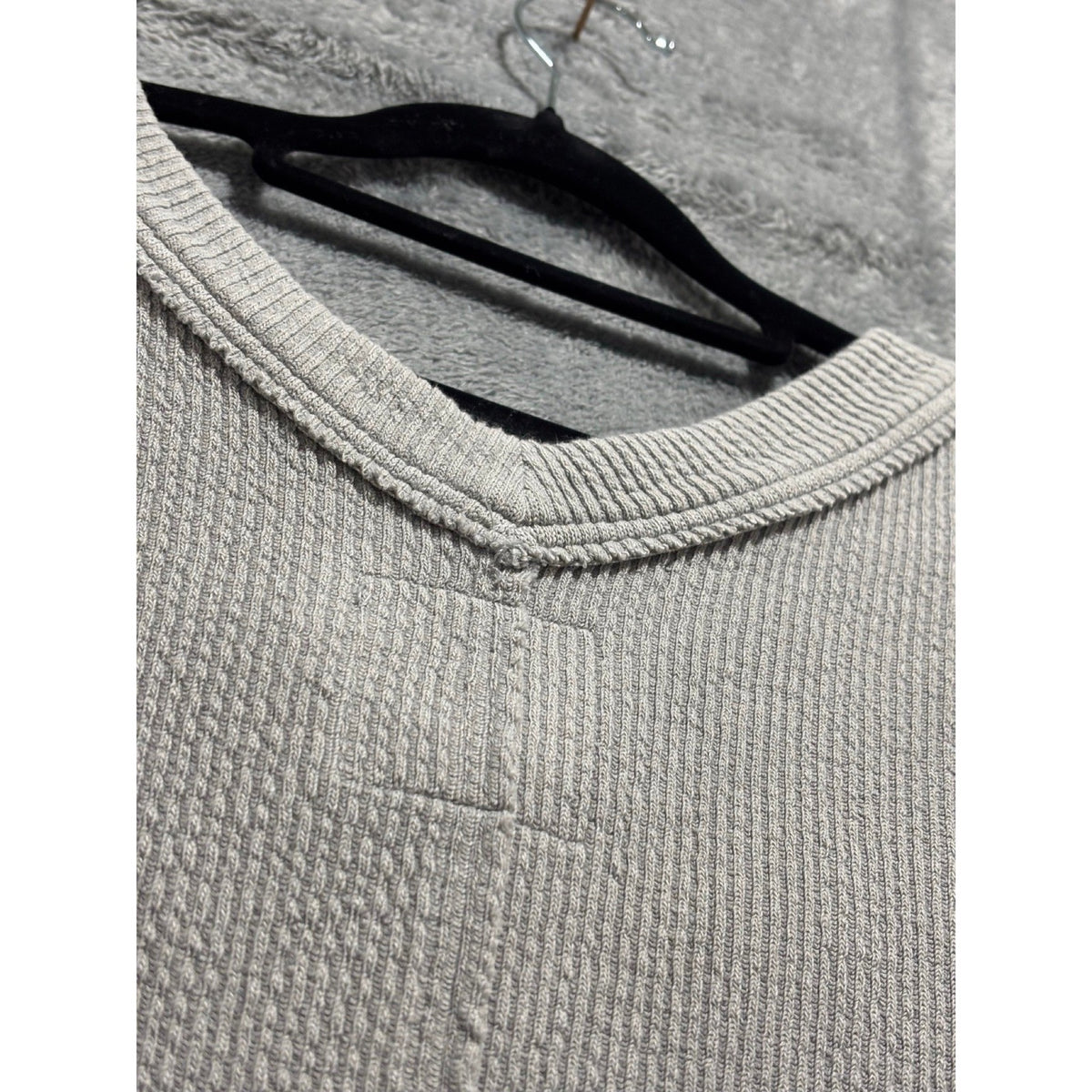 Aerie L Gray V-Neck Waffle Knit Sweatshirt Womens Casual Cozy Pullover