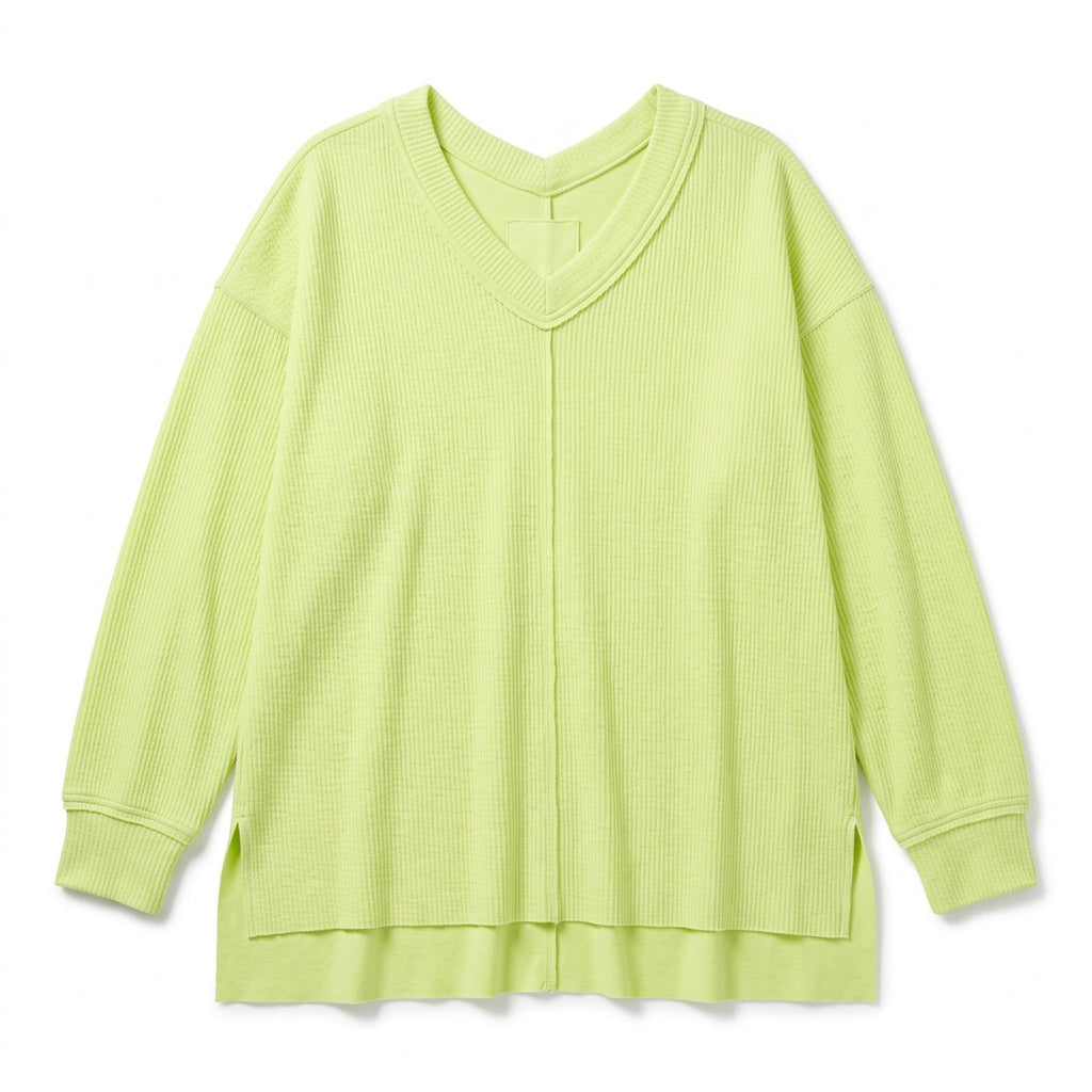 Aerie L Womens Neon Lime Green V-Neck Waffle Knit Pullover Athleisure Cozy