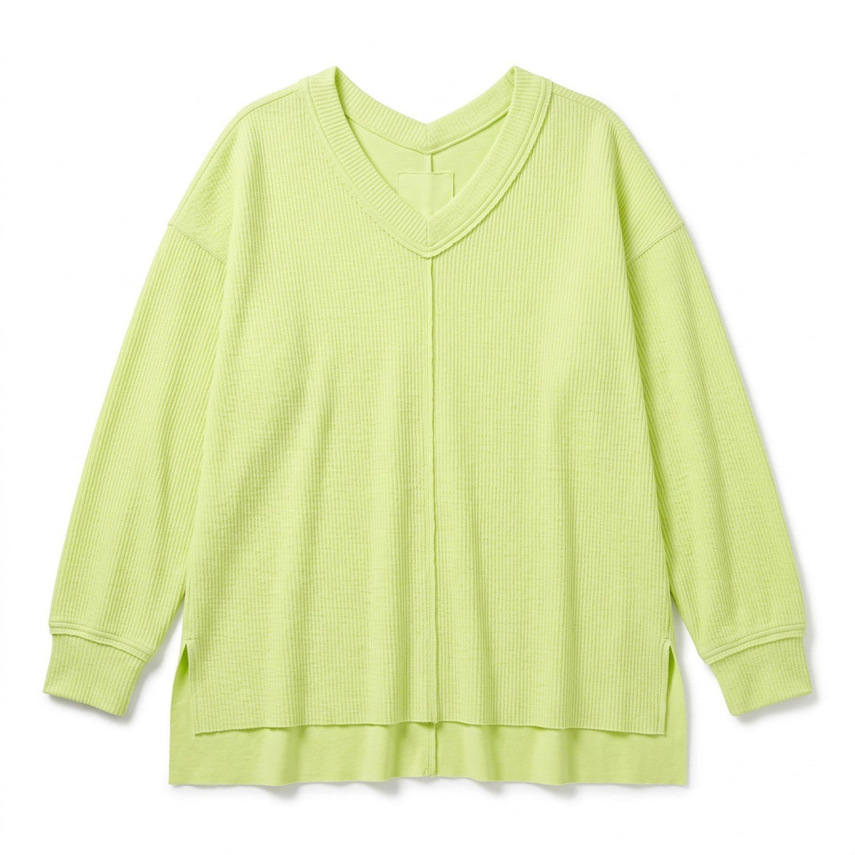 Aerie L Womens Neon Lime Green V-Neck Waffle Knit Pullover Athleisure Cozy