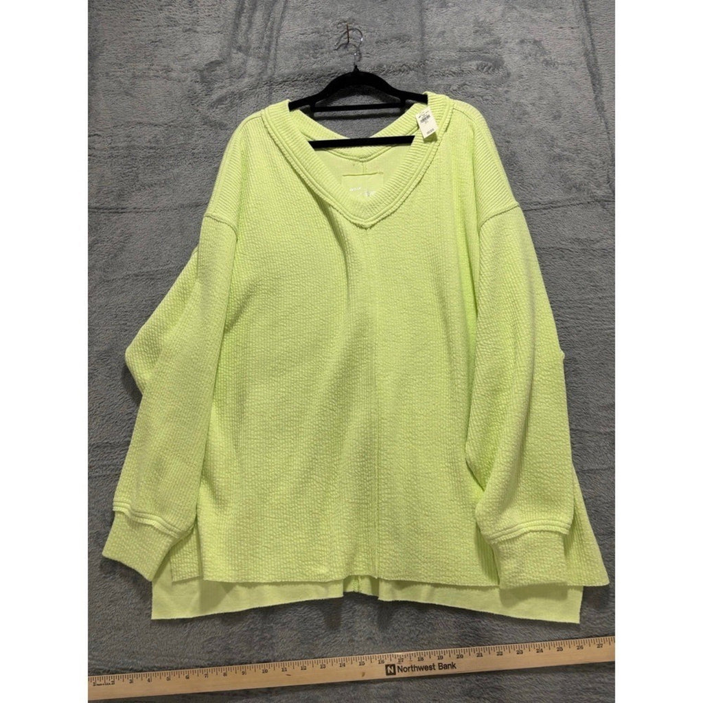 Aerie L Womens Neon Lime Green V-Neck Waffle Knit Pullover Athleisure Cozy