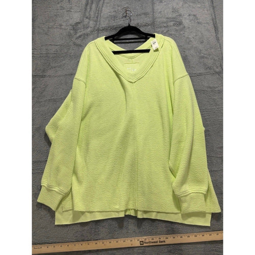 Aerie L Womens Neon Lime Green V-Neck Waffle Knit Pullover Athleisure Cozy