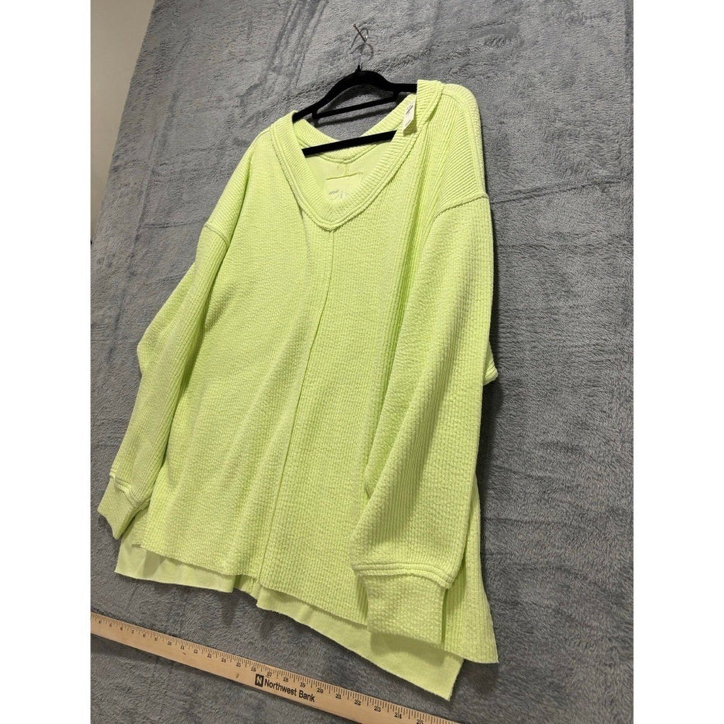 Aerie L Womens Neon Lime Green V-Neck Waffle Knit Pullover Athleisure Cozy