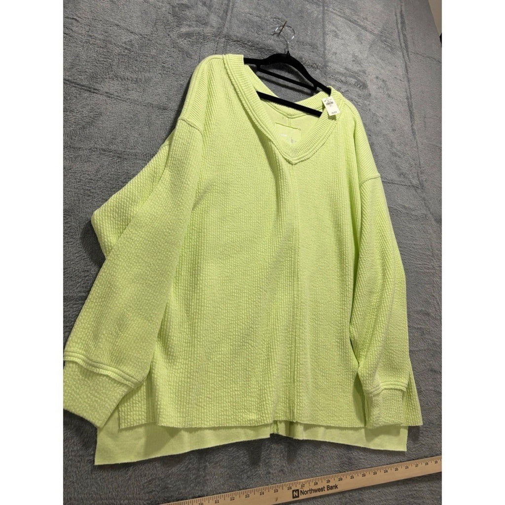 Aerie L Womens Neon Lime Green V-Neck Waffle Knit Pullover Athleisure Cozy