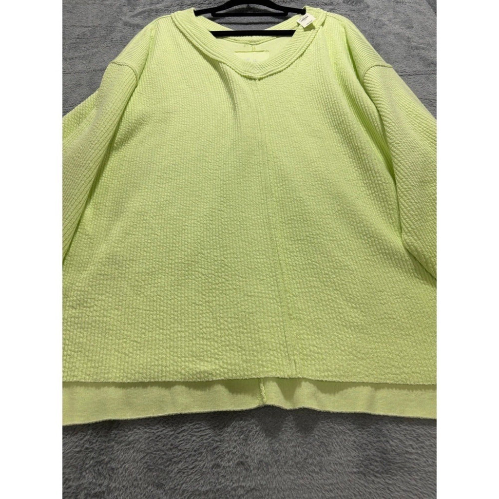 Aerie L Womens Neon Lime Green V-Neck Waffle Knit Pullover Athleisure Cozy