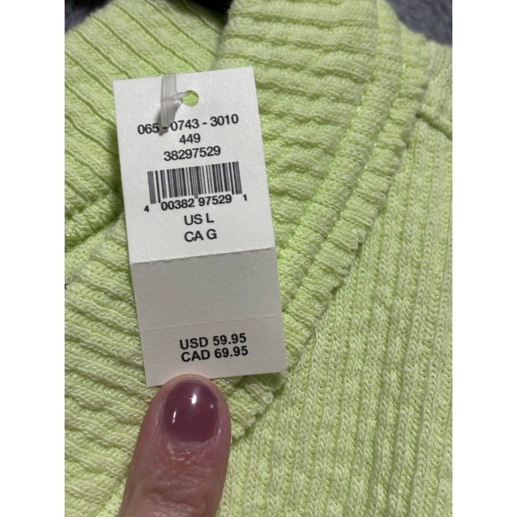 Aerie L Womens Neon Lime Green V-Neck Waffle Knit Pullover Athleisure Cozy
