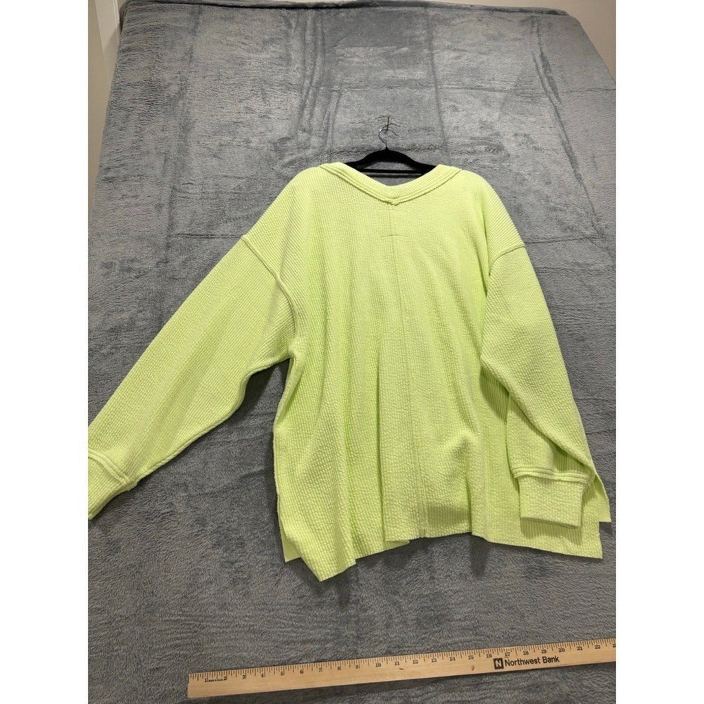Aerie L Womens Neon Lime Green V-Neck Waffle Knit Pullover Athleisure Cozy