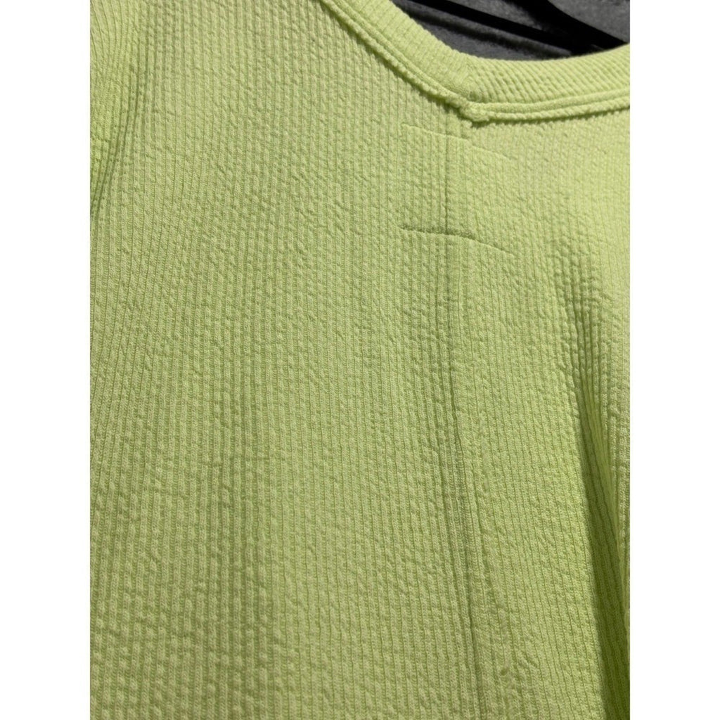 Aerie L Womens Neon Lime Green V-Neck Waffle Knit Pullover Athleisure Cozy