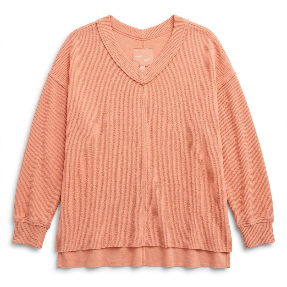 Aerie L Peach V-Neck Waffle Knit Oversized Pullover Womens Casual Cozy Sweater