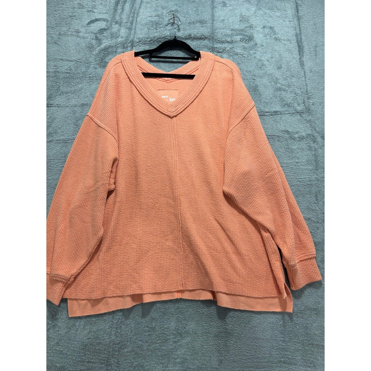 Aerie L Peach V-Neck Waffle Knit Oversized Pullover Womens Casual Cozy Sweater