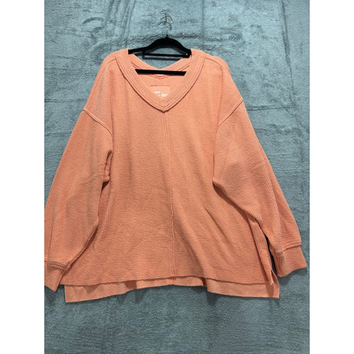 Aerie L Peach V-Neck Waffle Knit Oversized Pullover Womens Casual Cozy Sweater