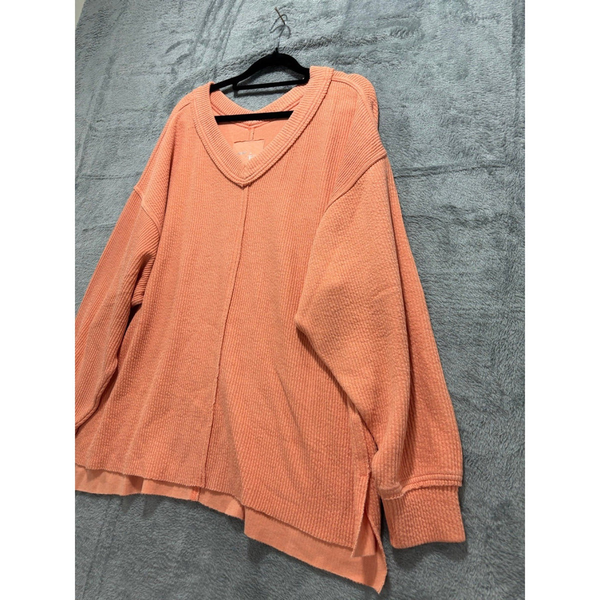 Aerie L Peach V-Neck Waffle Knit Oversized Pullover Womens Casual Cozy Sweater