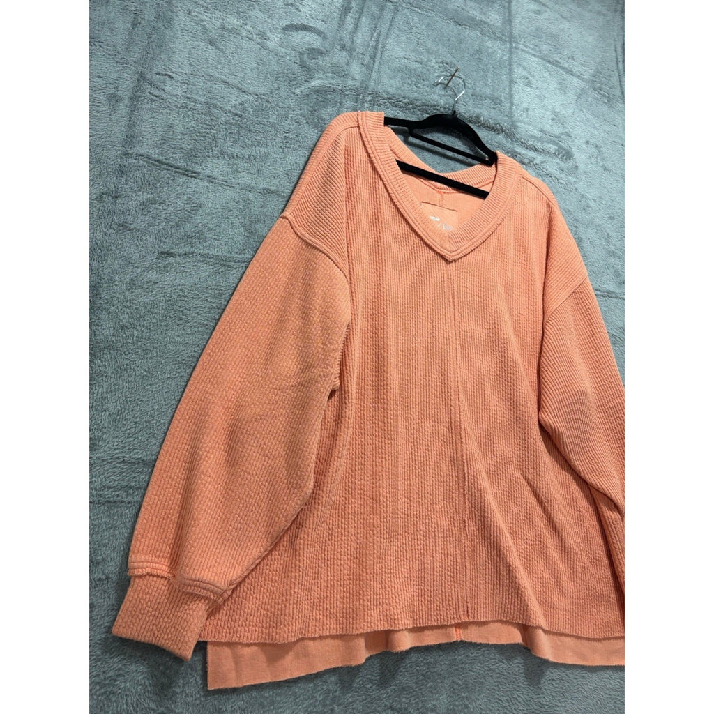 Aerie L Peach V-Neck Waffle Knit Oversized Pullover Womens Casual Cozy Sweater