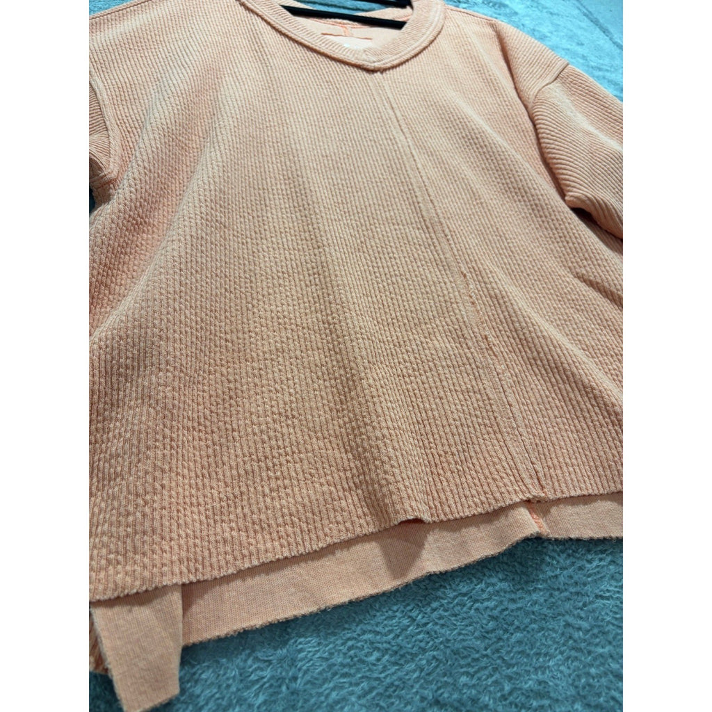 Aerie L Peach V-Neck Waffle Knit Oversized Pullover Womens Casual Cozy Sweater