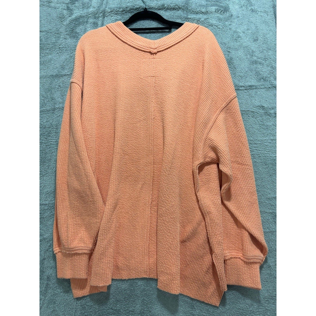 Aerie L Peach V-Neck Waffle Knit Oversized Pullover Womens Casual Cozy Sweater