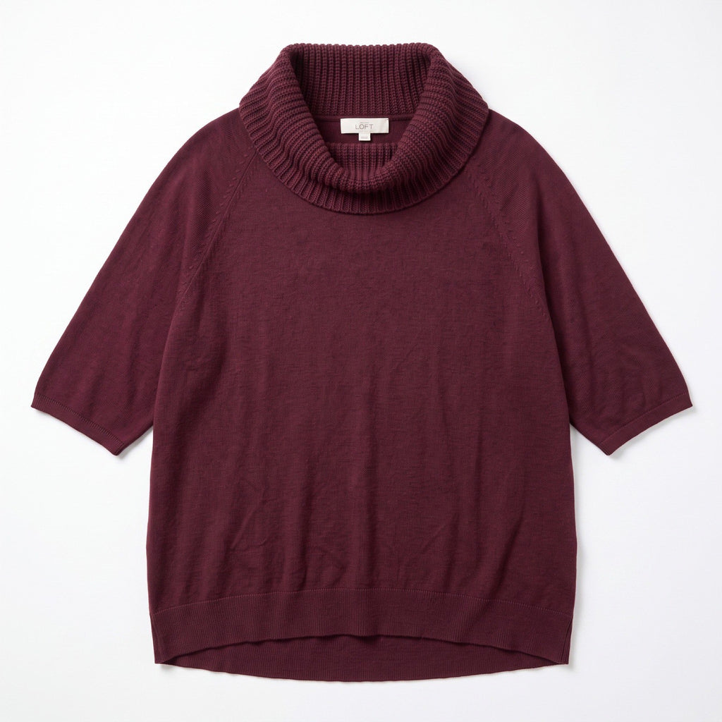 LOFT XL Burgundy Cowl Neck Poncho Sweater Womens Boho Cozy Short Sleeve