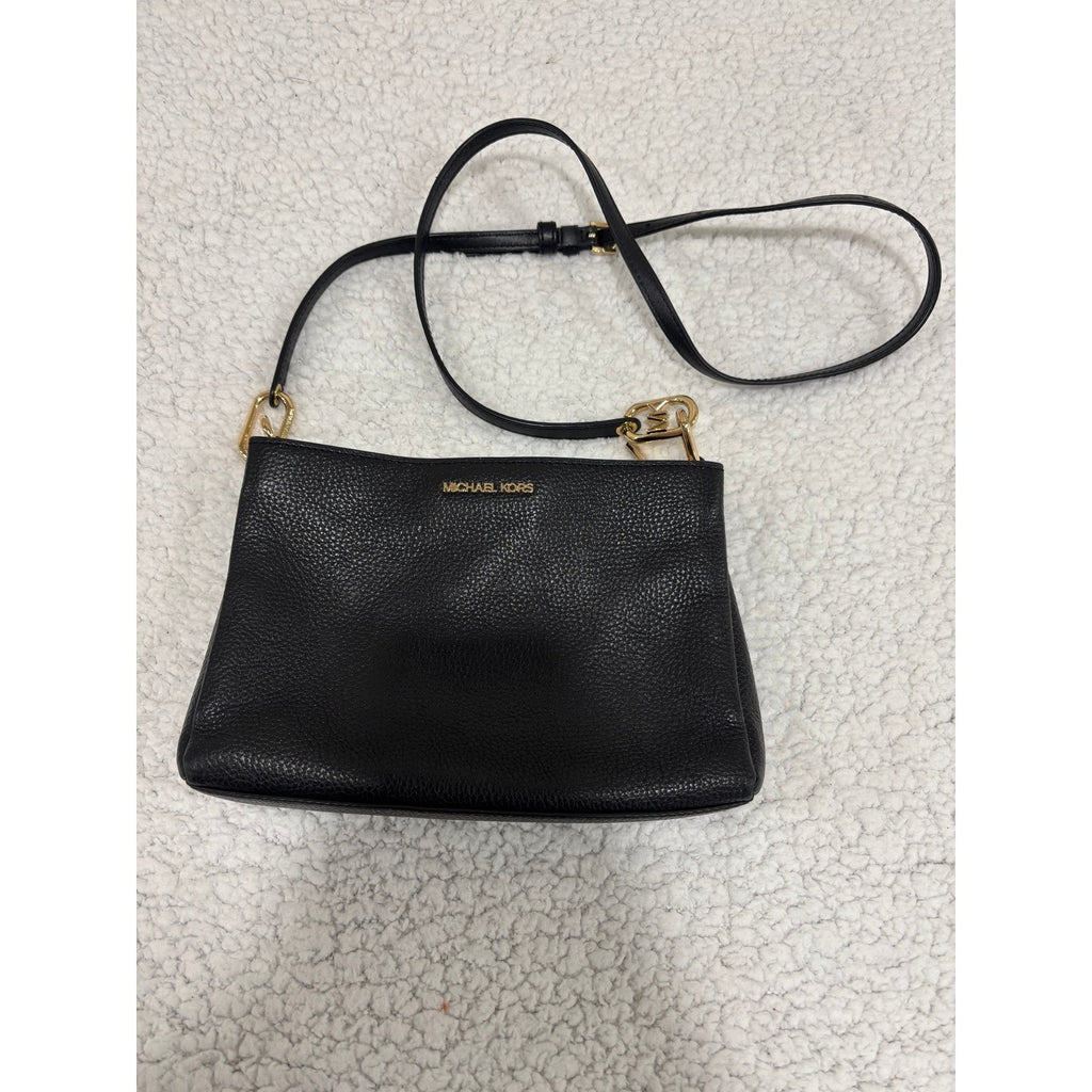 Michael Kors Small Black Pebbled Leather Crossbody Bag Purse Gold Logo Classic