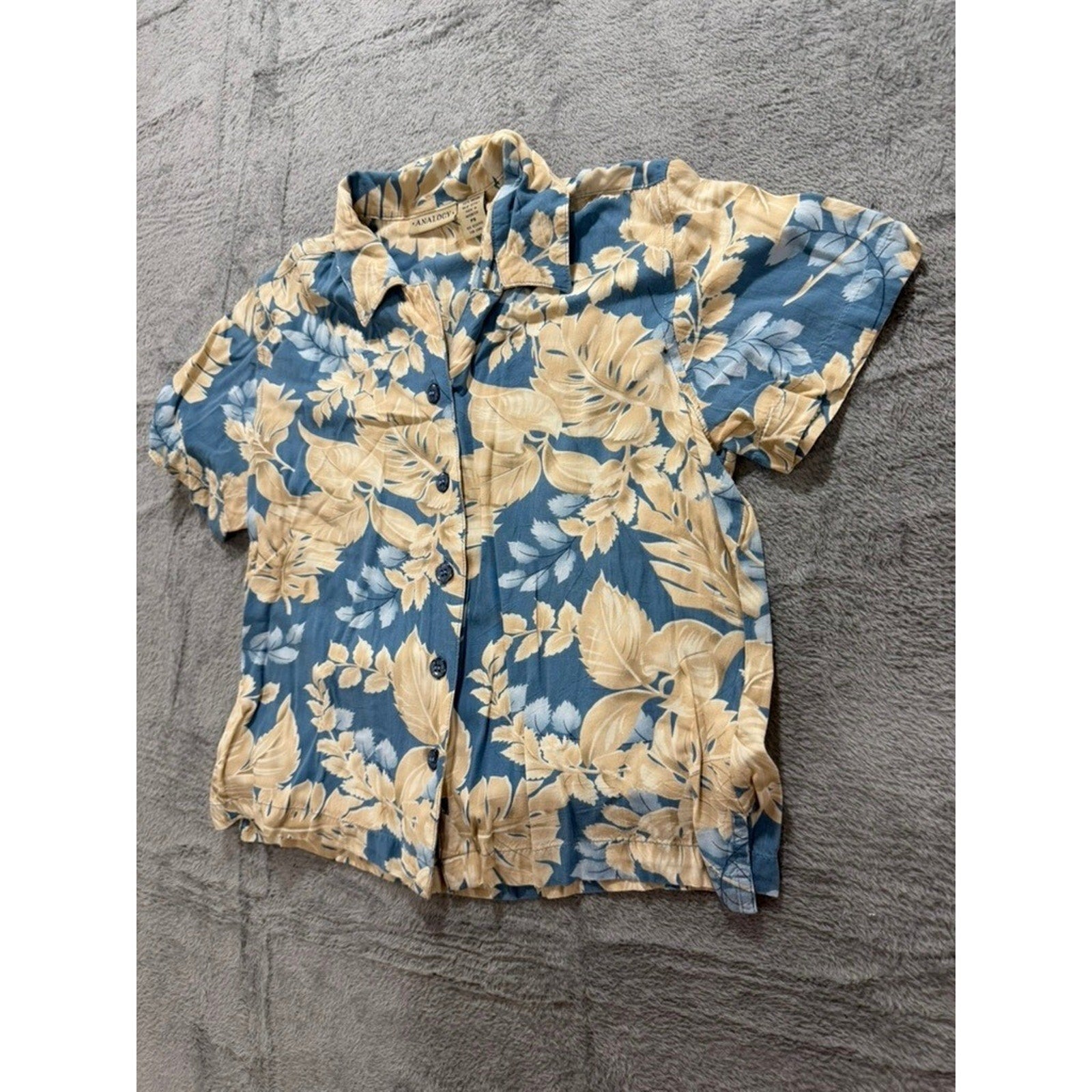ANALOGY Button Up Shirt Womens PS Blue Beige Floral Hawaiian Tropical