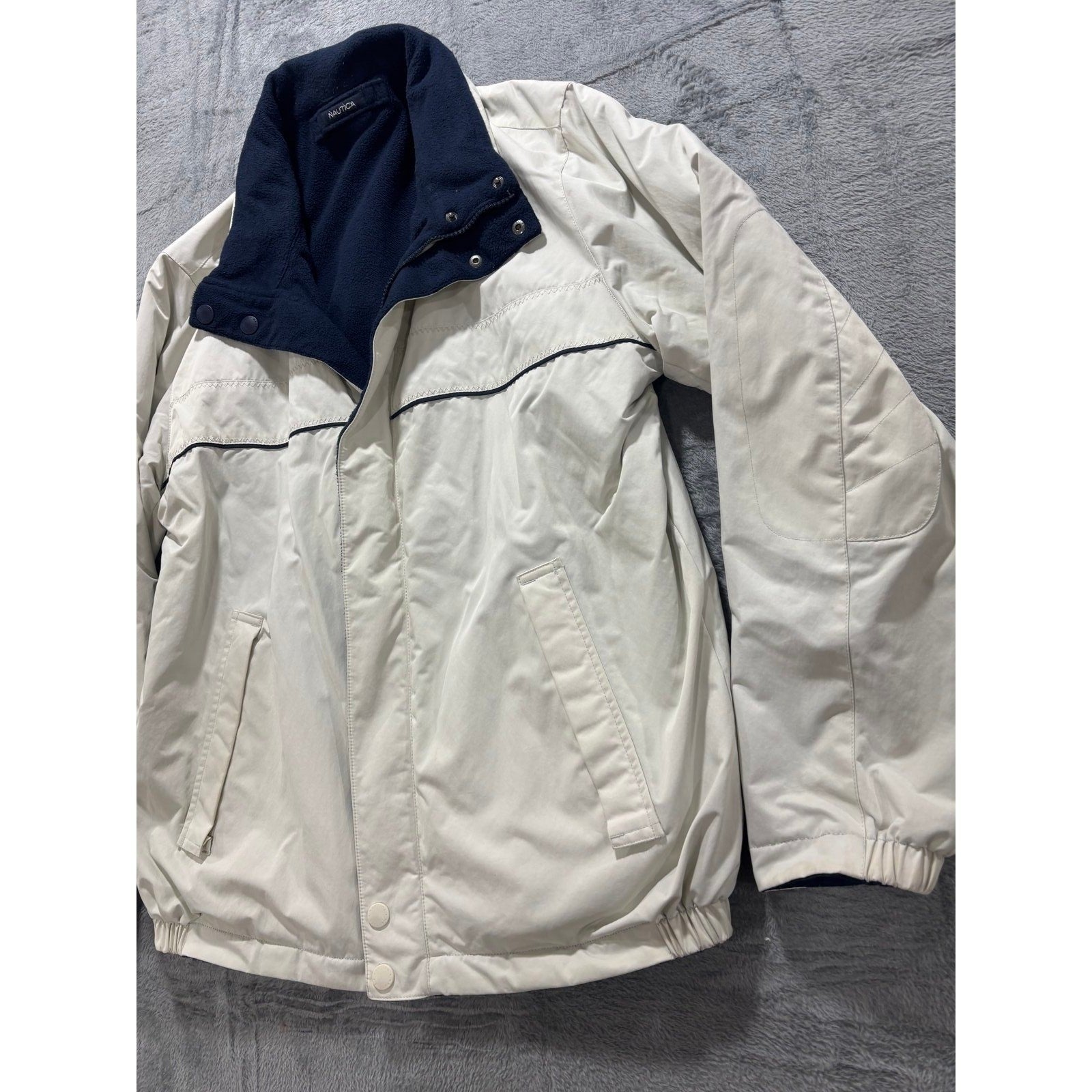 Nautica S Cream Navy Blue Full Zip Windbreaker Jacket Womens Casual Vintage