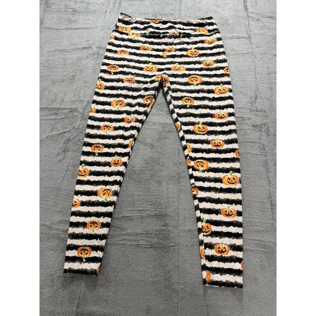 LuLaRoe Womens Halloween Leggings TC Black White Stripe Pumpkin Jack-O-Lantern