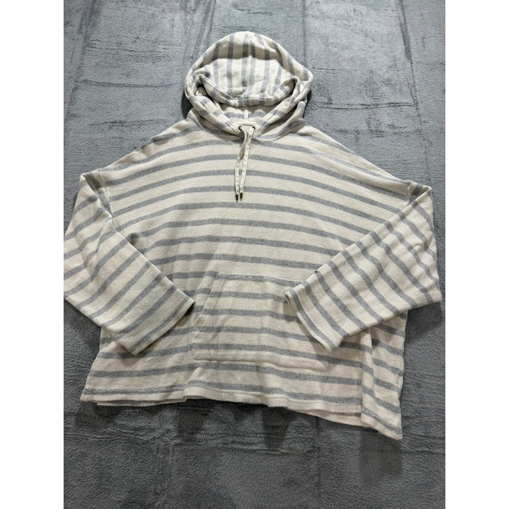Oversized Striped Knit Hoodie Cream Grey Nautical Kangaroo Pocket Pullover Coast