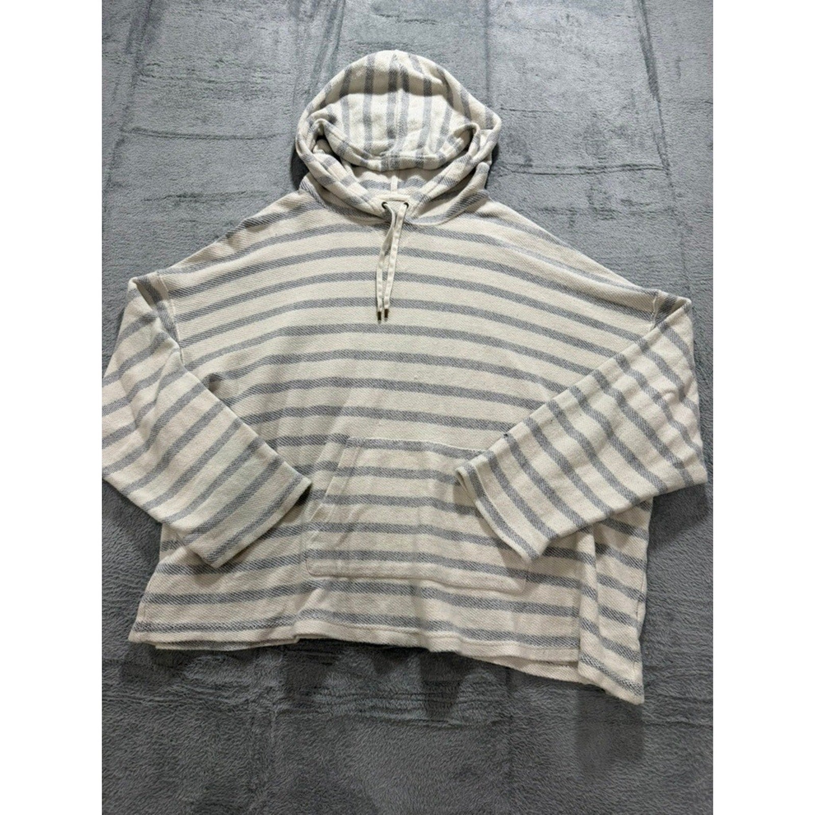 Oversized Striped Knit Hoodie Cream Grey Nautical Kangaroo Pocket Pullover Coast
